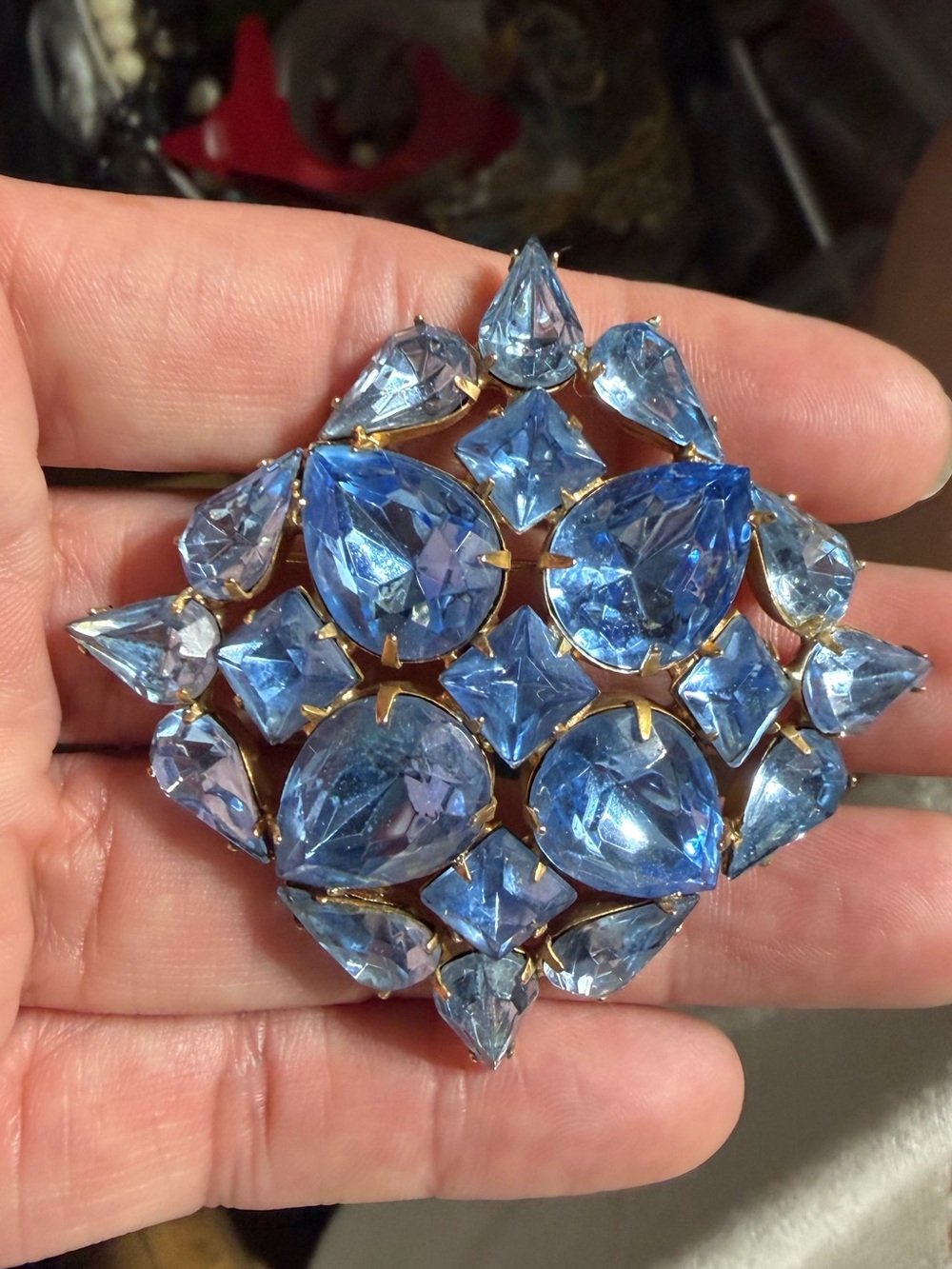 Vintage Gold Tone Blue Crystal Brooch